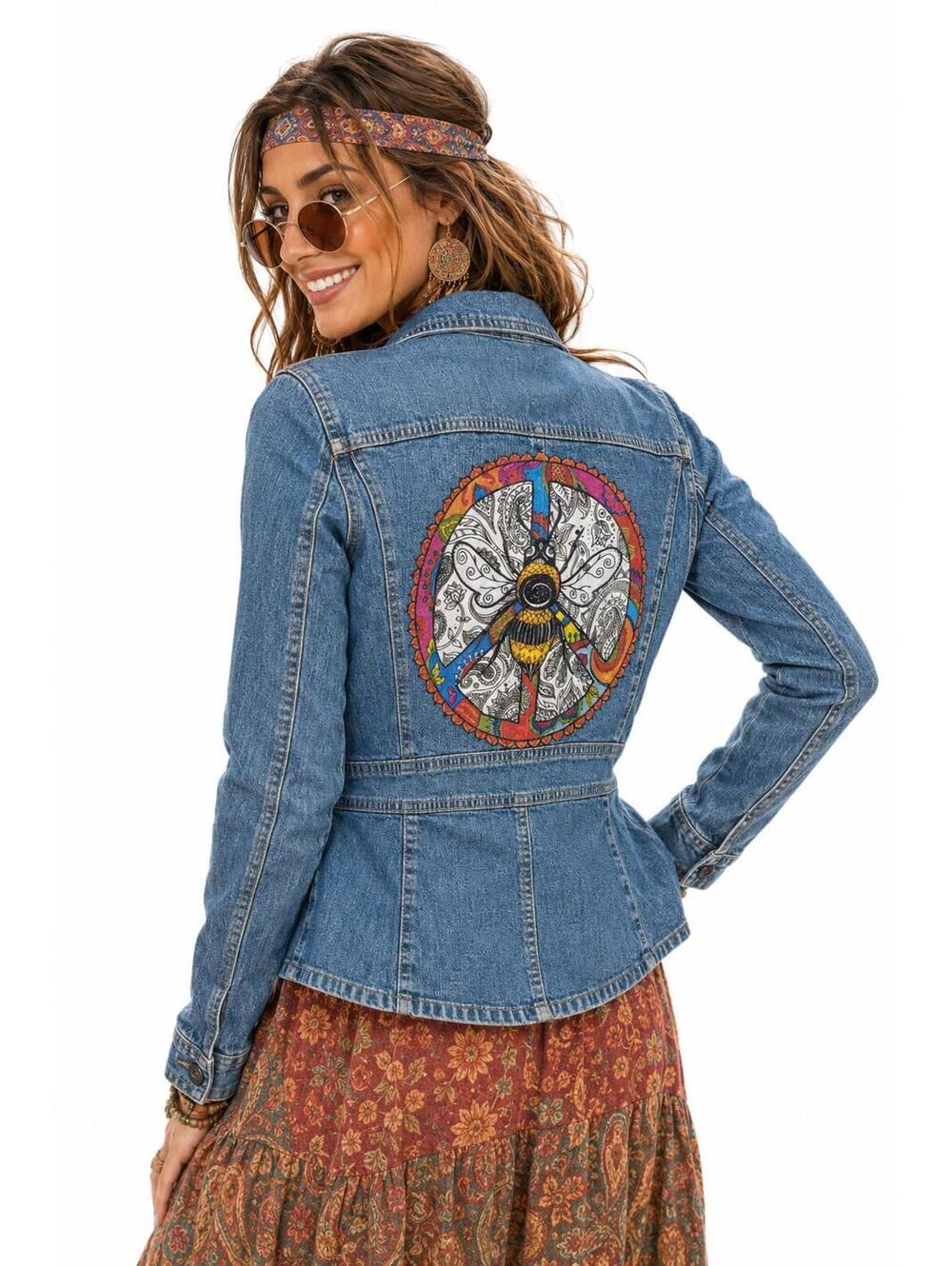 Axcess Vintage Y2K Denim Jacket Hand Painted Peace Sign Bee Boho Hippie
